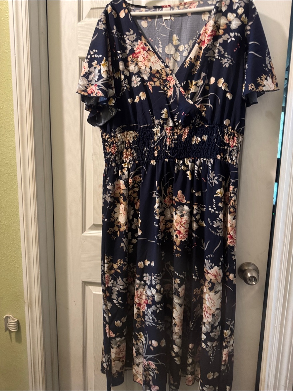 Navy Floral Midi Dress with Smocked Waist